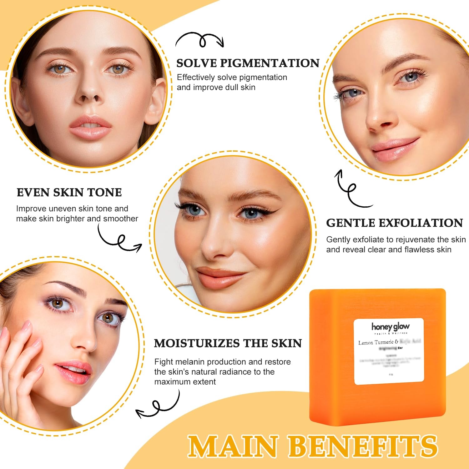 2PCS Honey Glow Lemon Turmeric Kojic Soap Bar, Turmeric Soap Bar for Face and Body, Smooth Skin Tumeric Soap, Natural Turmeric Handmade Soap for All Skin Types