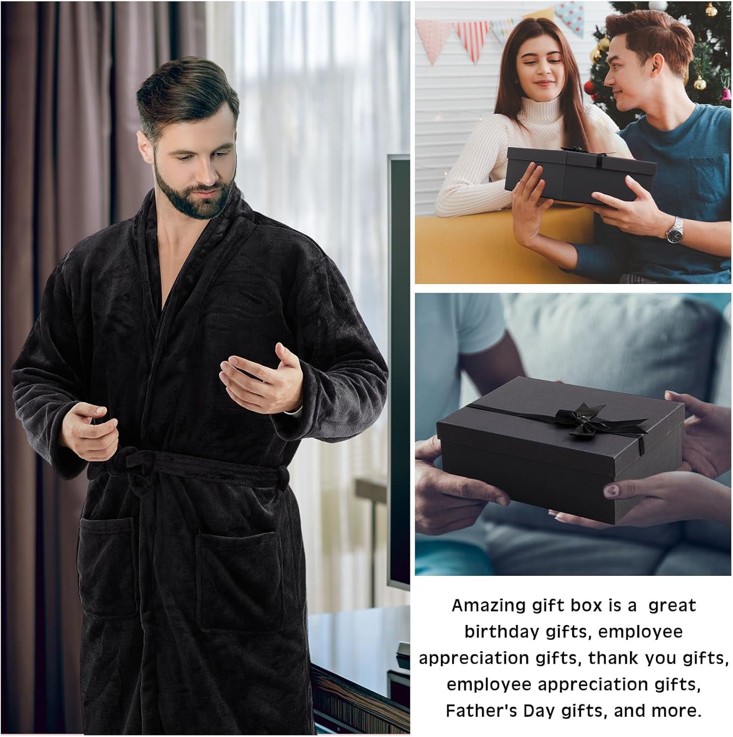 15 Pcs Birthday Gifts for Men Beard Care Set for Him Valentine'S Day Gifts Basket Ideas Kit for Men Tumbler Bath Robe for Dad Husband Boyfriend Box(Black)