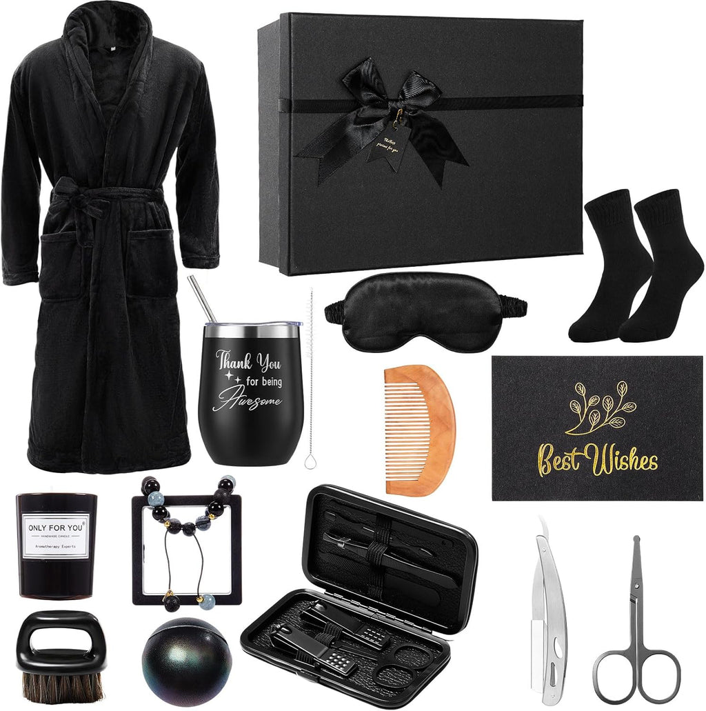 15 Pcs Birthday Gifts for Men Beard Care Set for Him Valentine'S Day Gifts Basket Ideas Kit for Men Tumbler Bath Robe for Dad Husband Boyfriend Box(Black)
