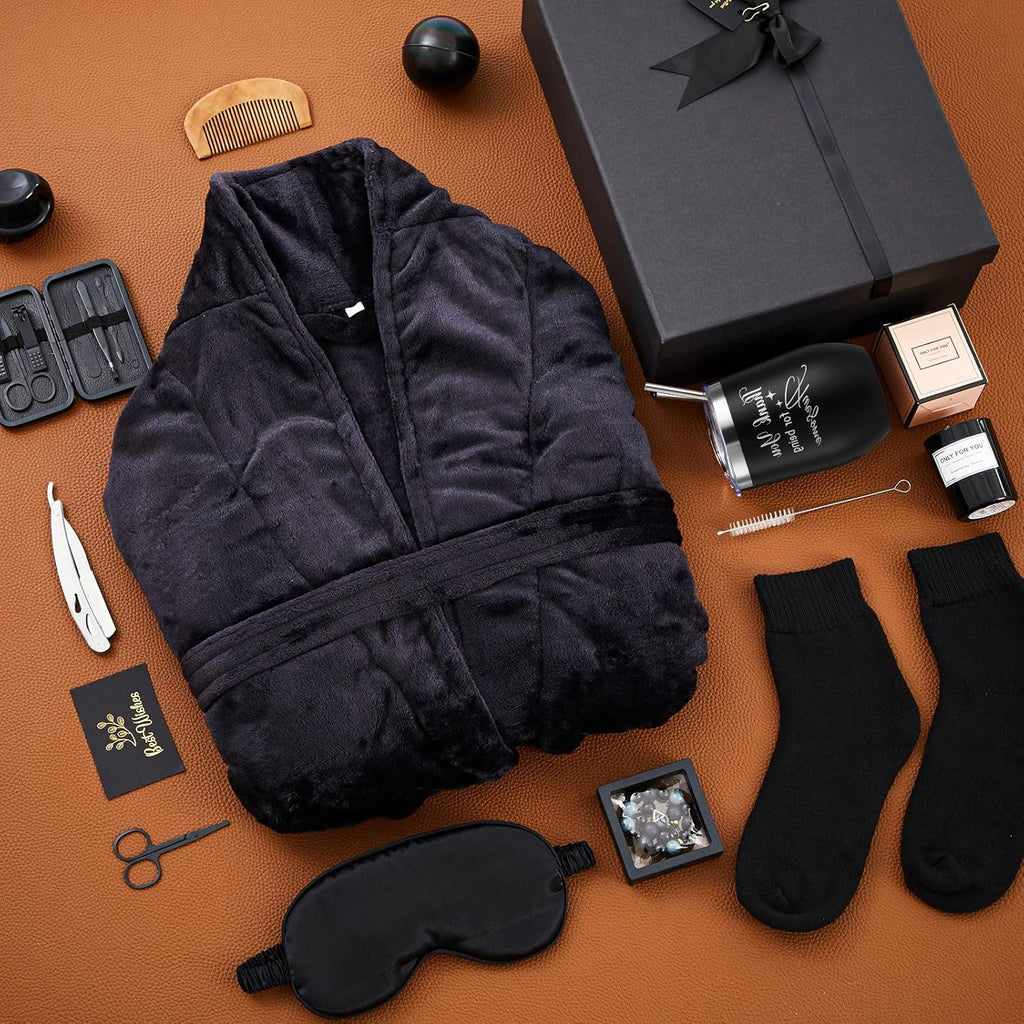 15 Pcs Birthday Gifts for Men Beard Care Set for Him Valentine'S Day Gifts Basket Ideas Kit for Men Tumbler Bath Robe for Dad Husband Boyfriend Box(Black)