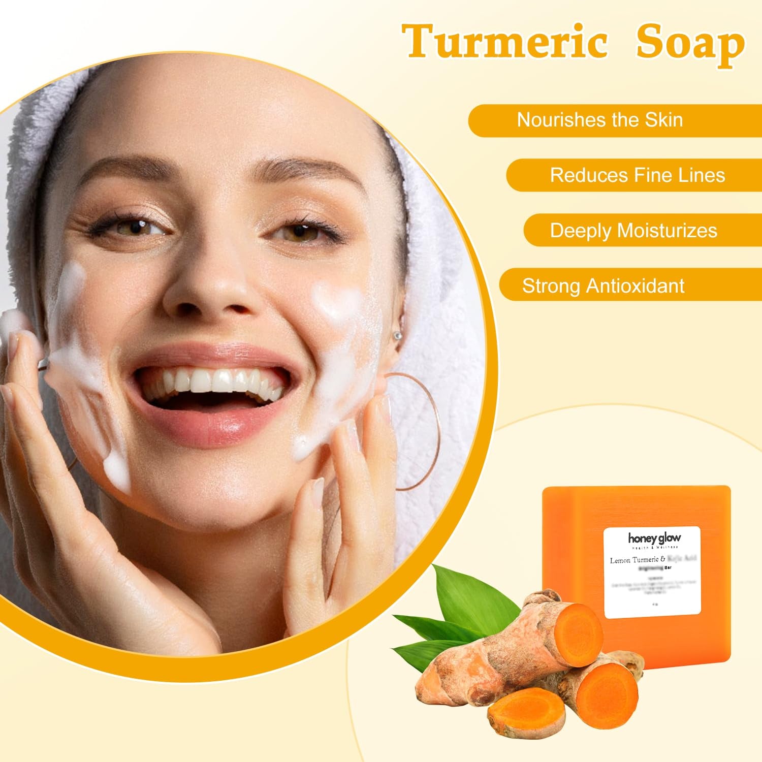 2PCS Honey Glow Lemon Turmeric Kojic Soap Bar, Turmeric Soap Bar for Face and Body, Smooth Skin Tumeric Soap, Natural Turmeric Handmade Soap for All Skin Types