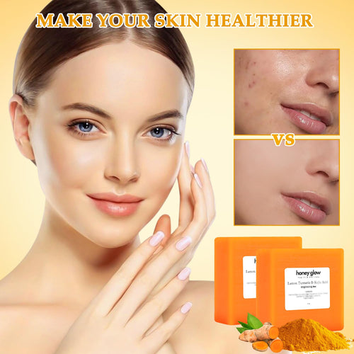 2PCS Honey Glow Lemon Turmeric Kojic Soap Bar, Turmeric Soap Bar for Face and Body, Smooth Skin Tumeric Soap, Natural Turmeric Handmade Soap for All Skin Types