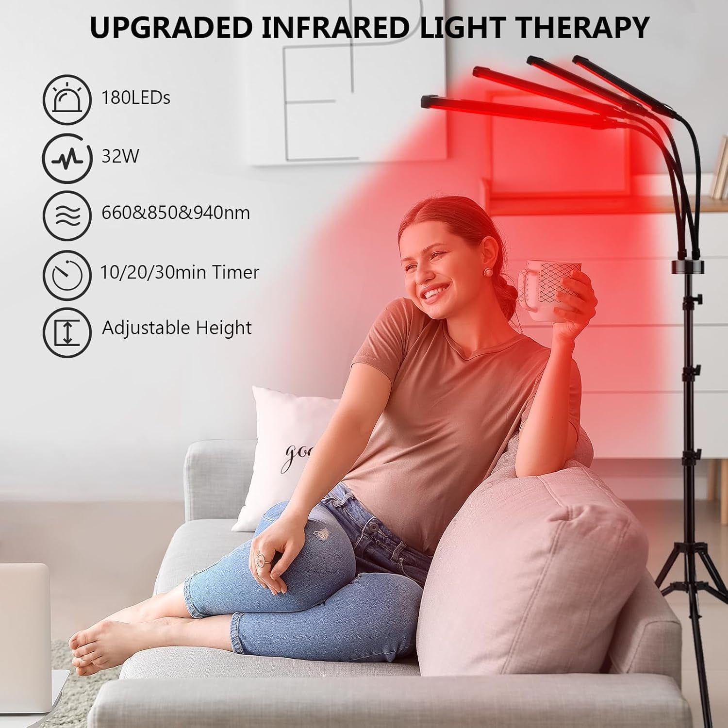 Red Light Therapy, 660Nm & 850Nm & 940Nm Infrared Light Therapy with Stand, Height Adjustable & Angle Adjustable & Timer, 32W 180Leds Infrared Light Therapy for Body (Black