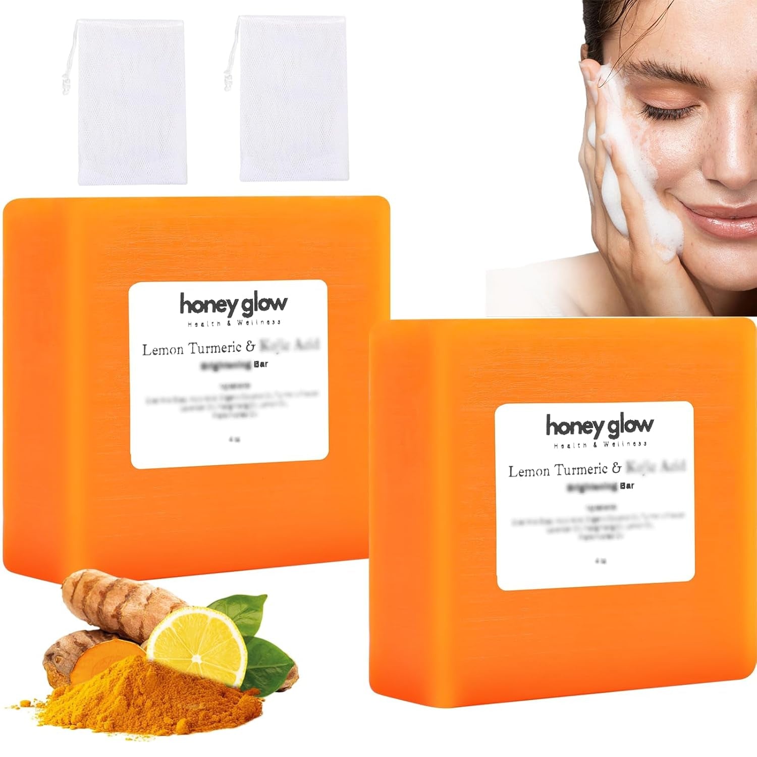 2PCS Honey Glow Lemon Turmeric Kojic Soap Bar, Turmeric Soap Bar for Face and Body, Smooth Skin Tumeric Soap, Natural Turmeric Handmade Soap for All Skin Types